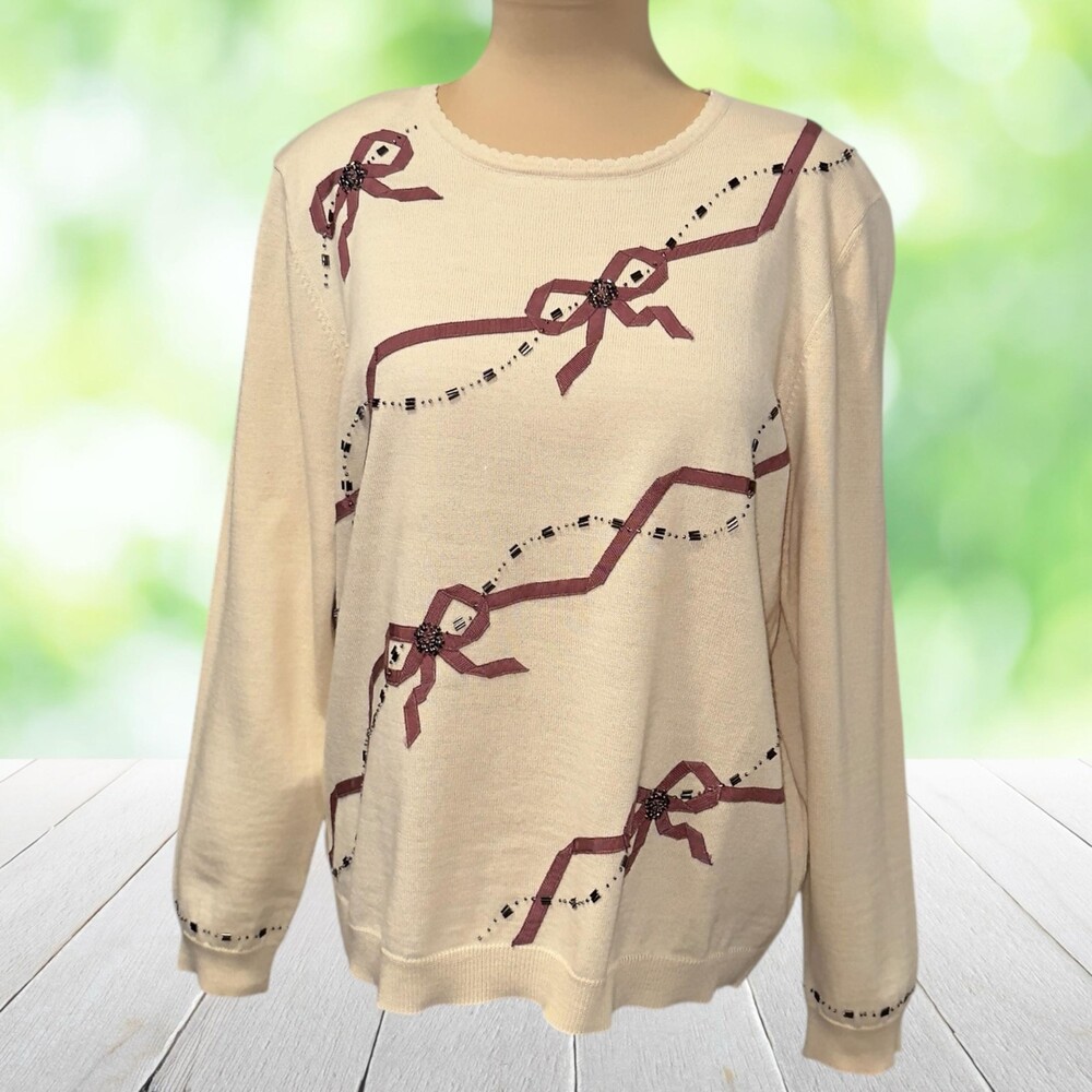Vintage Y2K Ribbon Applique Sweater Hand Beaded Bows Coquette Cream Wool Size XL